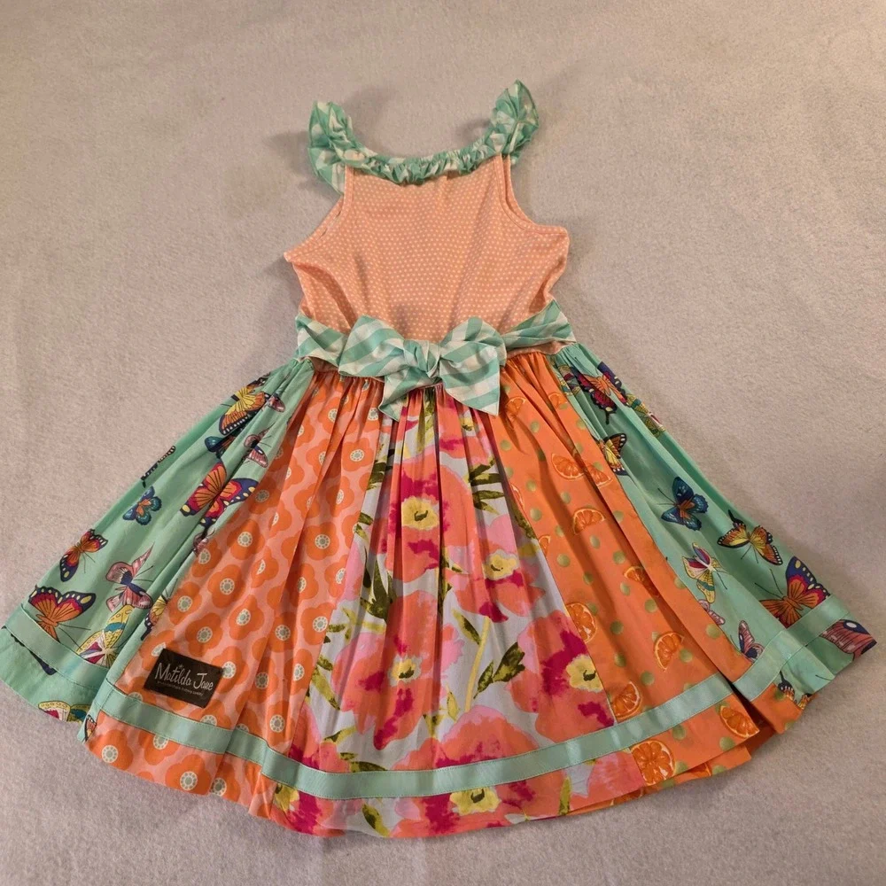 Matilda Jane Girls Mixed Print Butterfly Floral Dress Peach Mint Size 8 20010D